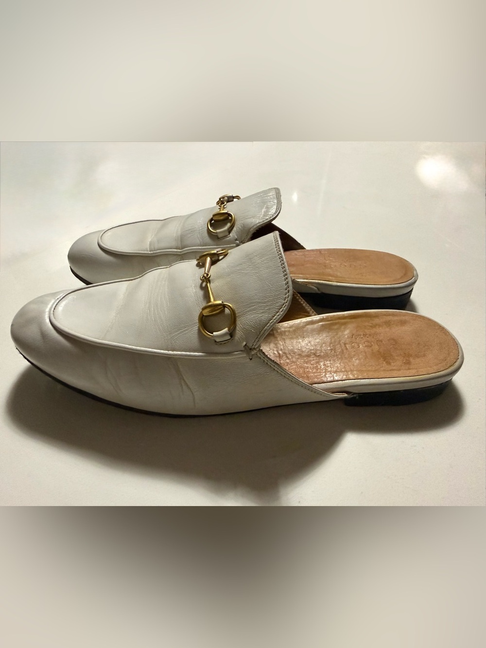 Gucci White Leather Princetown Horsebit Mules Size 39